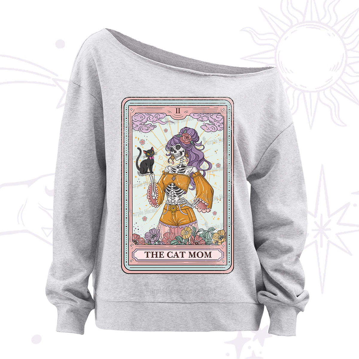 Purplehecate The Skeleton Cat Mom Tarot Card Off The Shoulder Sweatshirt