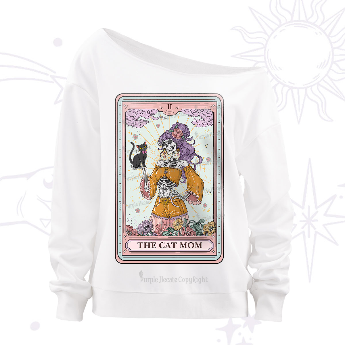 Purplehecate The Skeleton Cat Mom Tarot Card Off The Shoulder Sweatshirt
