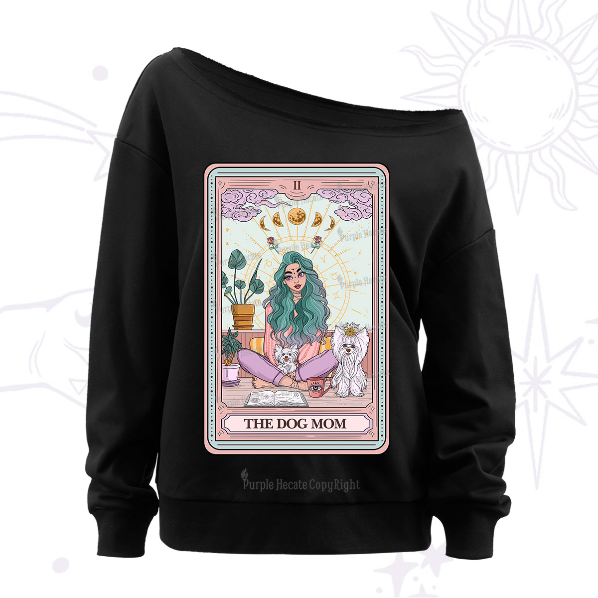 Purplehecate The Divine Dog Mom Tarot Card Off The Shoulder Sweatshirt