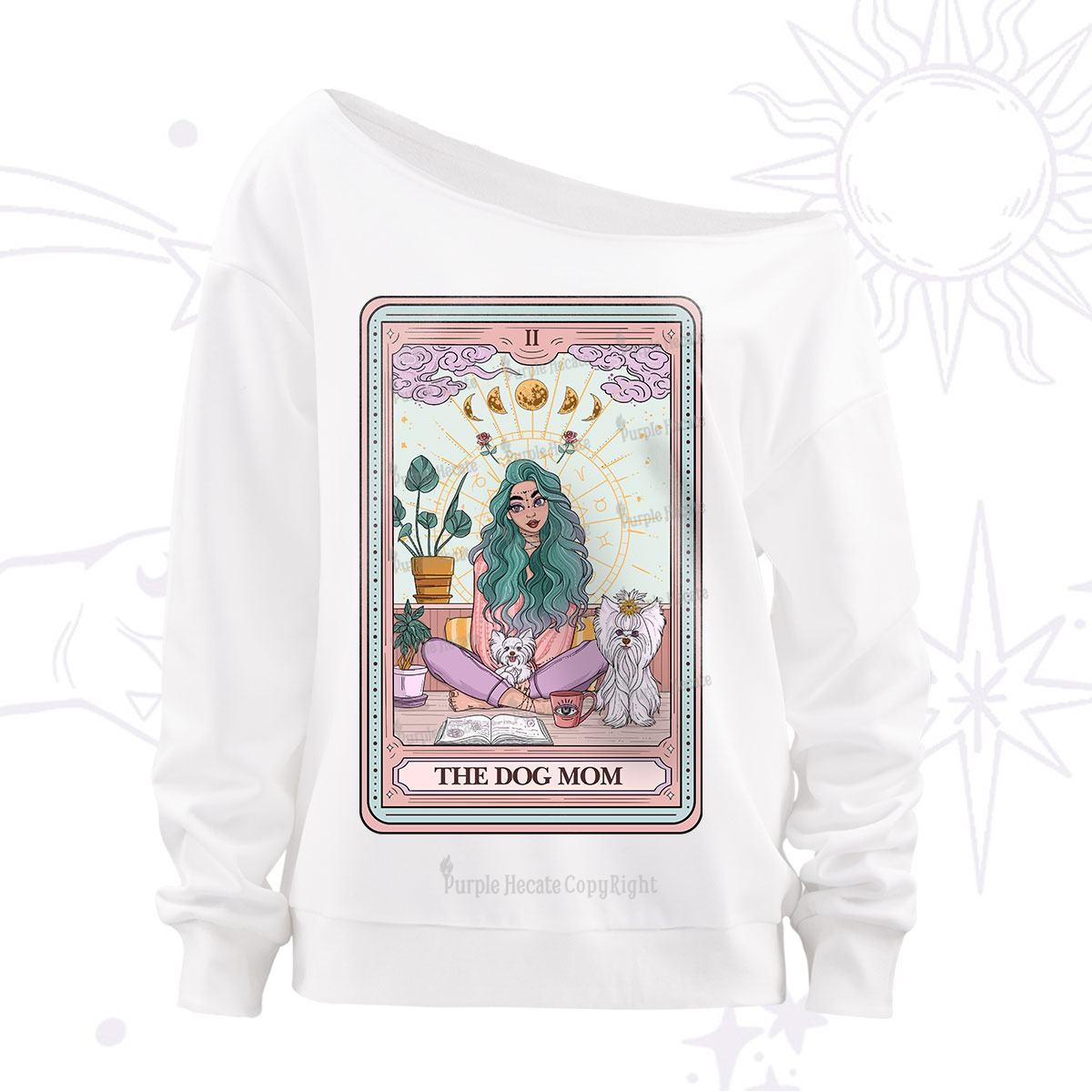 Purplehecate The Divine Dog Mom Tarot Card Off The Shoulder Sweatshirt