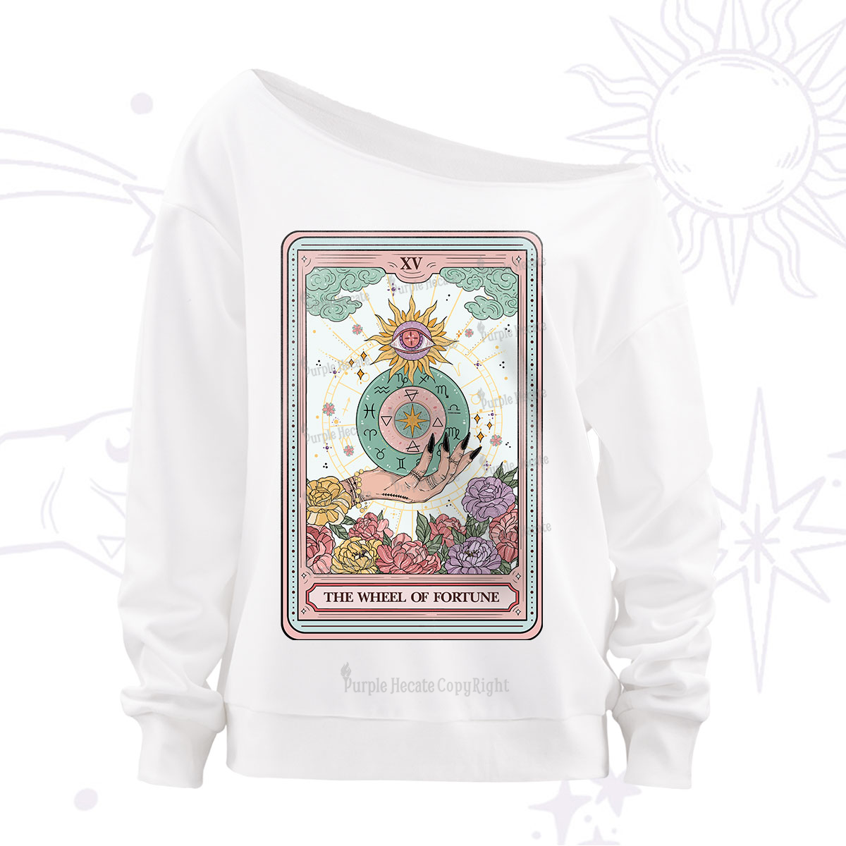 Purplehecate The Wheel of Fate Tarot Card Off The Shoulder Sweatshirt