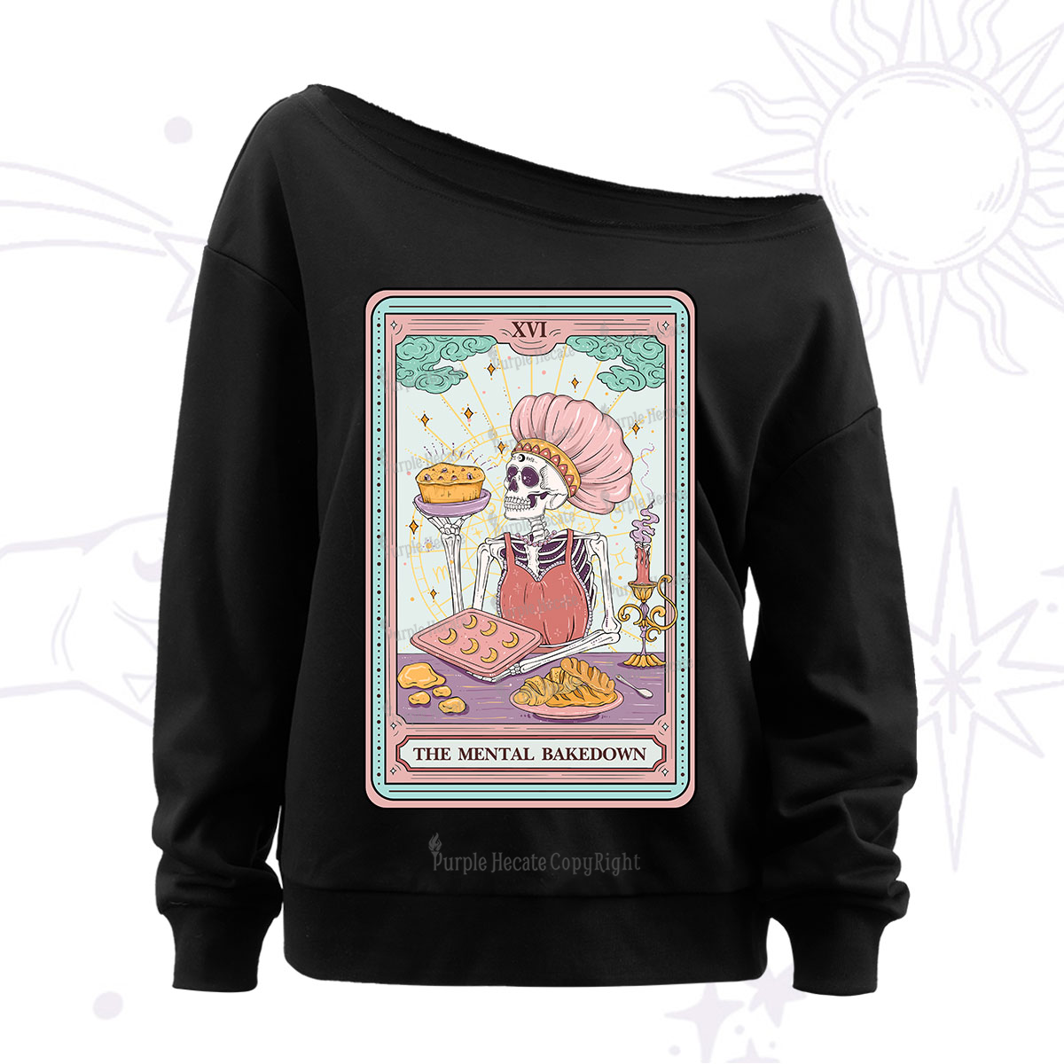 Purplehecate The Mental Bake Down Skeleton Tarot Card Off The Shoulder Sweatshirt