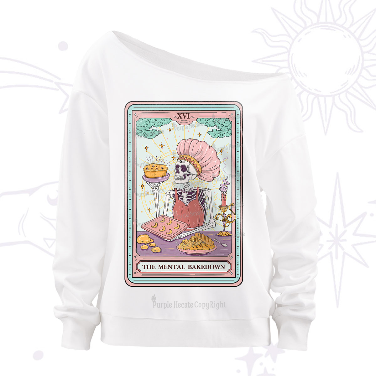 Purplehecate The Mental Bake Down Skeleton Tarot Card Off The Shoulder Sweatshirt