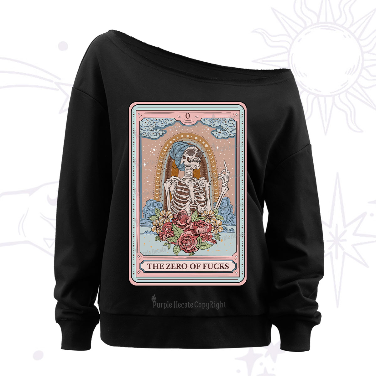 Purplehecate The Zero Of Fucks Tarot Card Off The Shoulder Sweatshirt