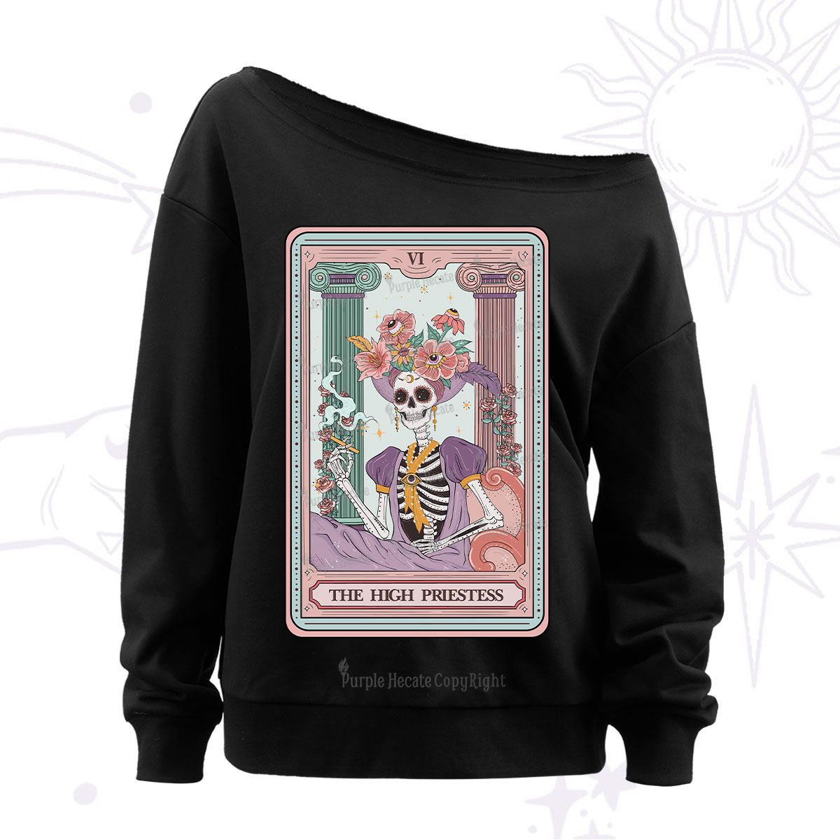 Purplehecate The High Priestess Skeleton Tarot Off The Shoulder Sweatshirt
