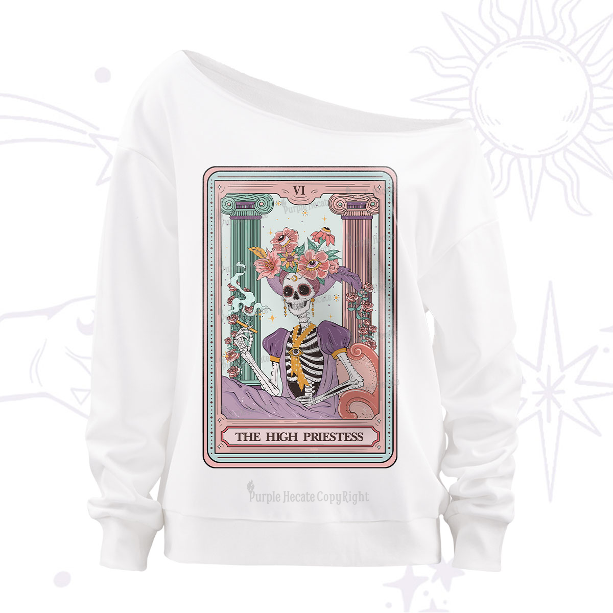Purplehecate The High Priestess Skeleton Tarot Off The Shoulder Sweatshirt