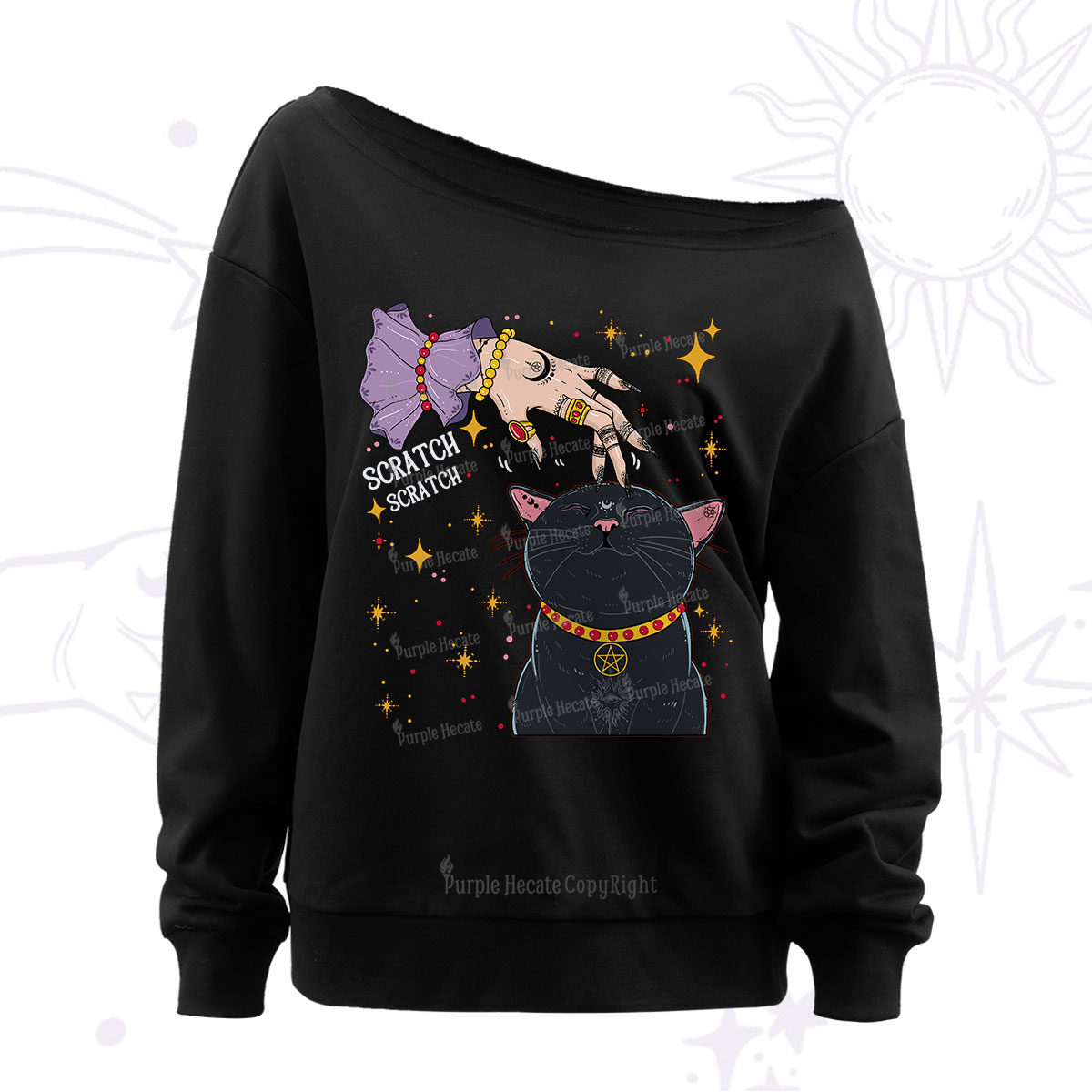Purplehecate Witch's Cat Scratch Off The Shoulder Sweatshirt