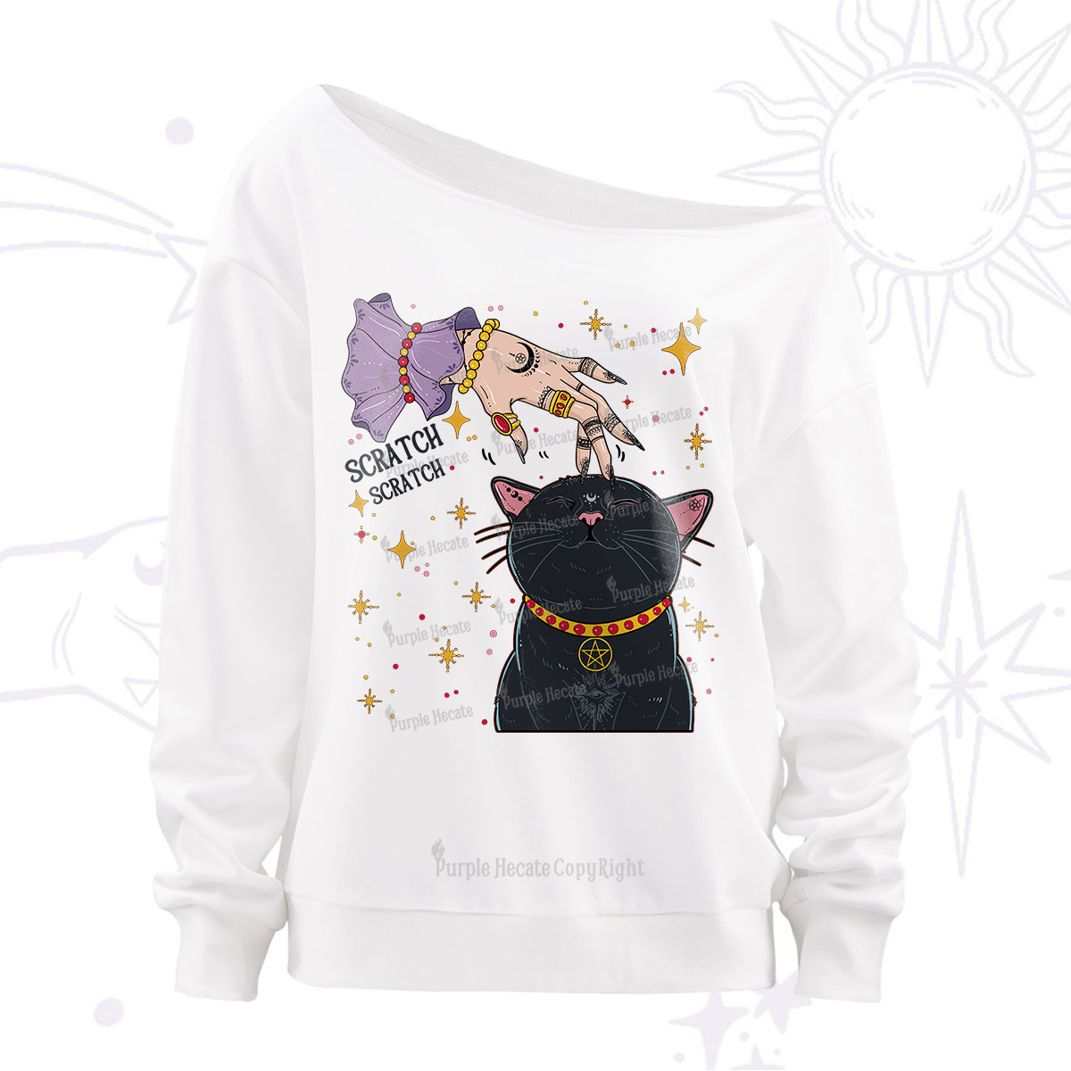 Purplehecate Witch's Cat Scratch Off The Shoulder Sweatshirt