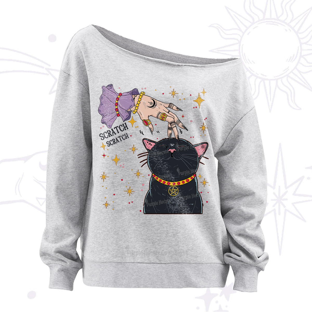 Purplehecate Witch's Cat Scratch Off The Shoulder Sweatshirt