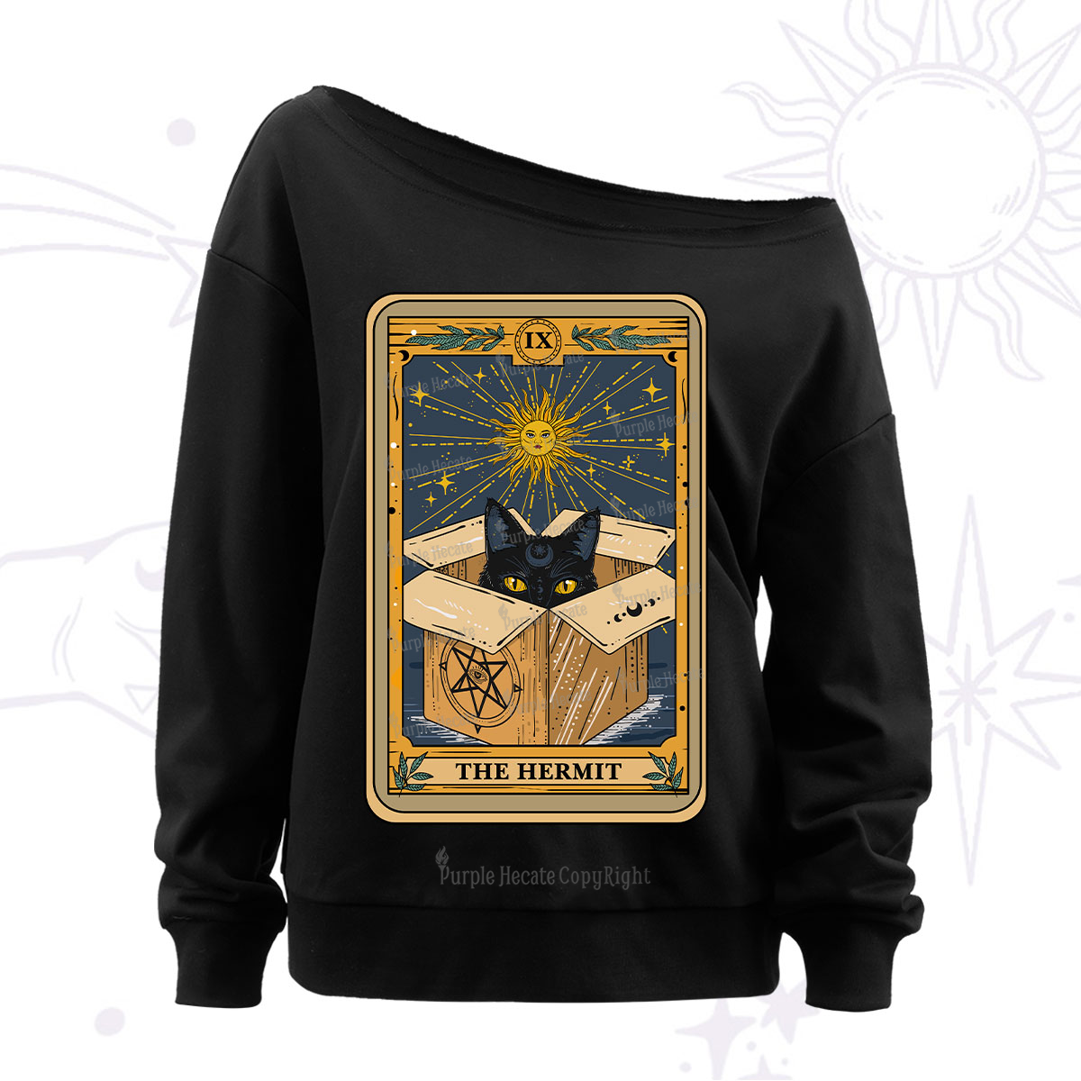 Purplehecate The Hermit Cat Tarot Card Off The Shoulder Sweatshirt