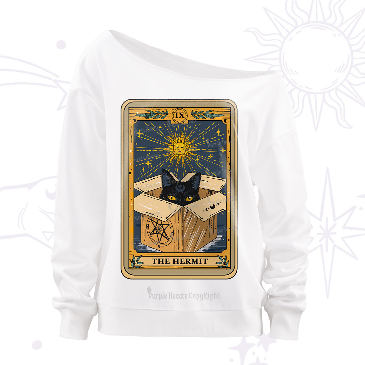 Purplehecate The Hermit Cat Tarot Card Off The Shoulder Sweatshirt