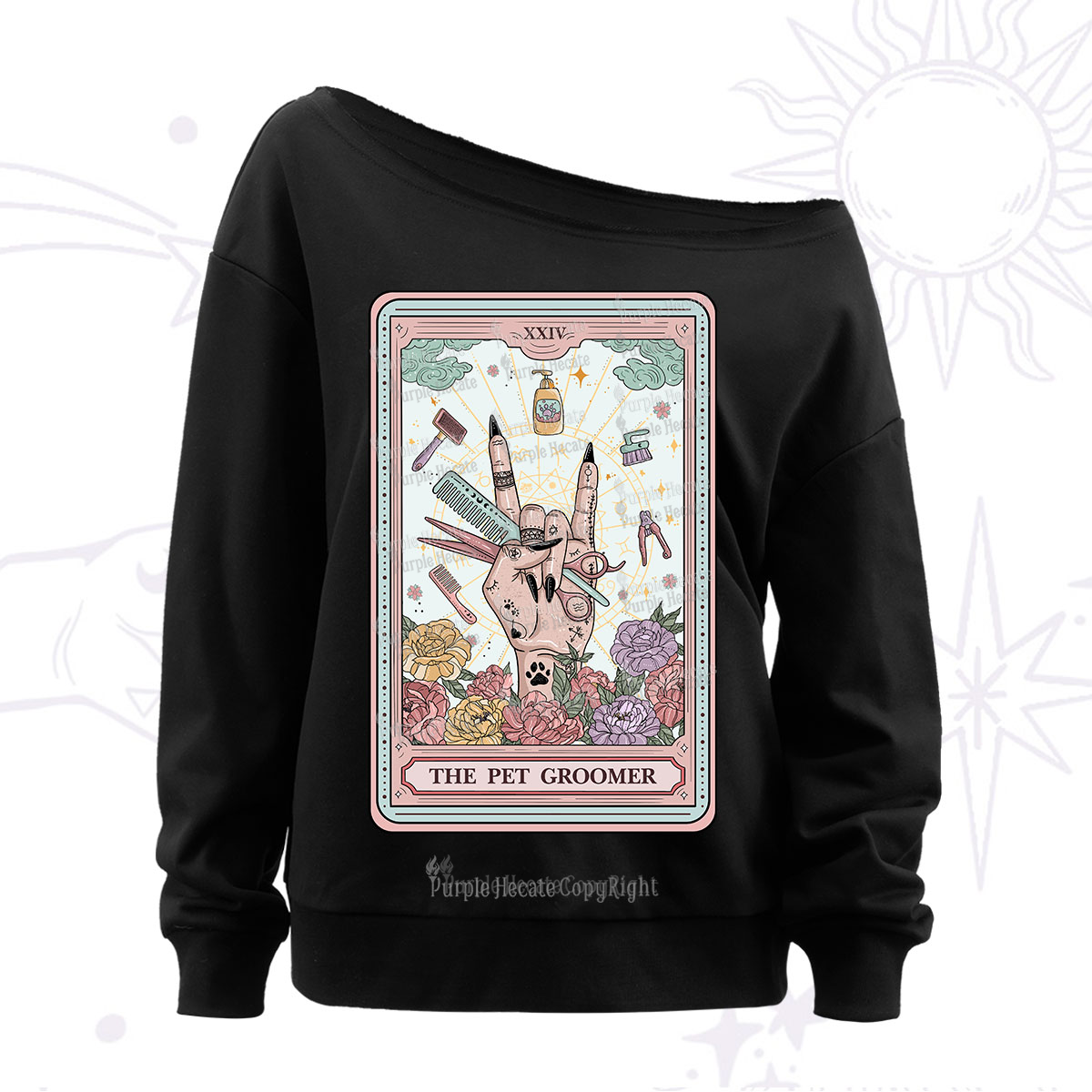 Purplehecate The Pet Groomer Tarot Card Off The Shoulder Sweatshirt