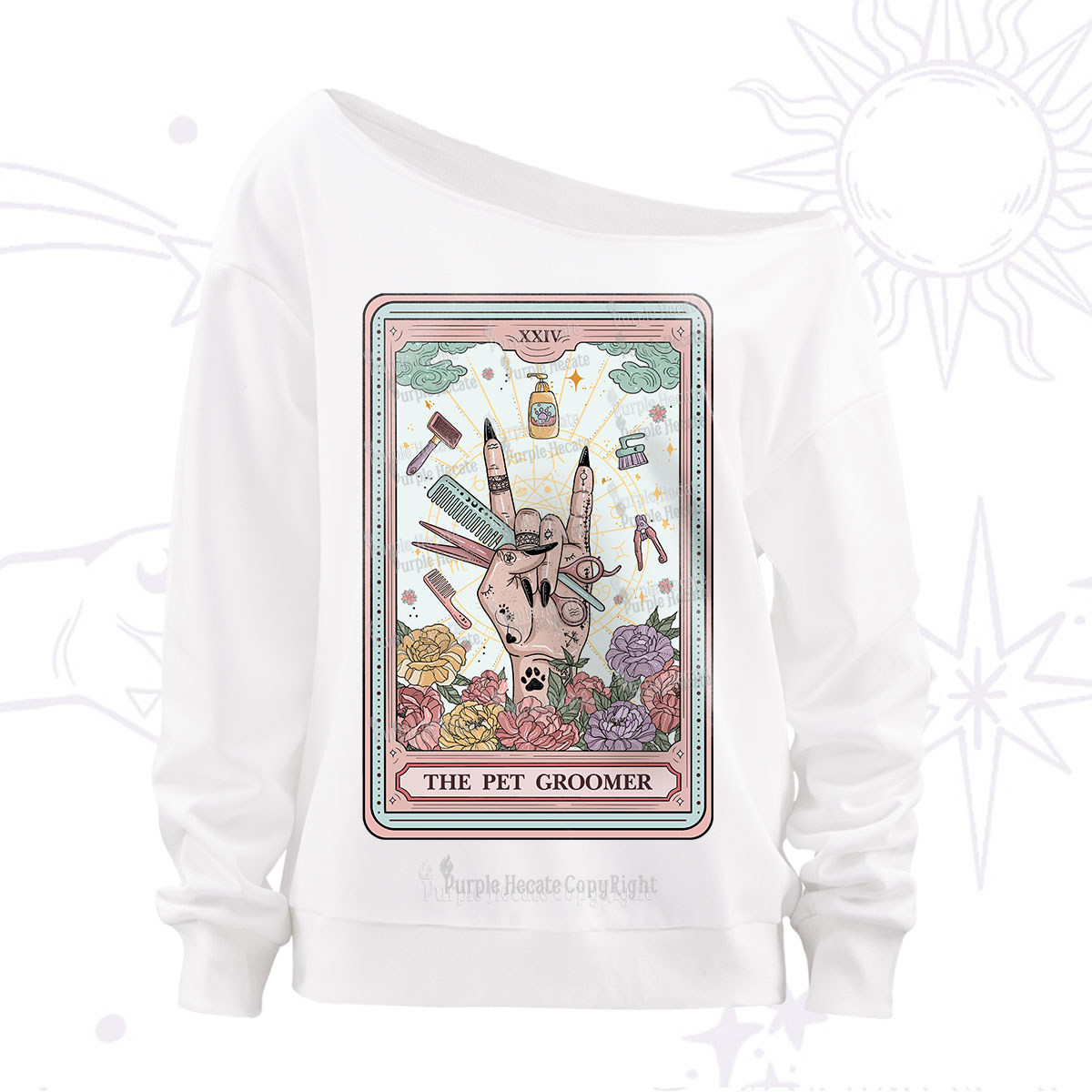 Purplehecate The Pet Groomer Tarot Card Off The Shoulder Sweatshirt