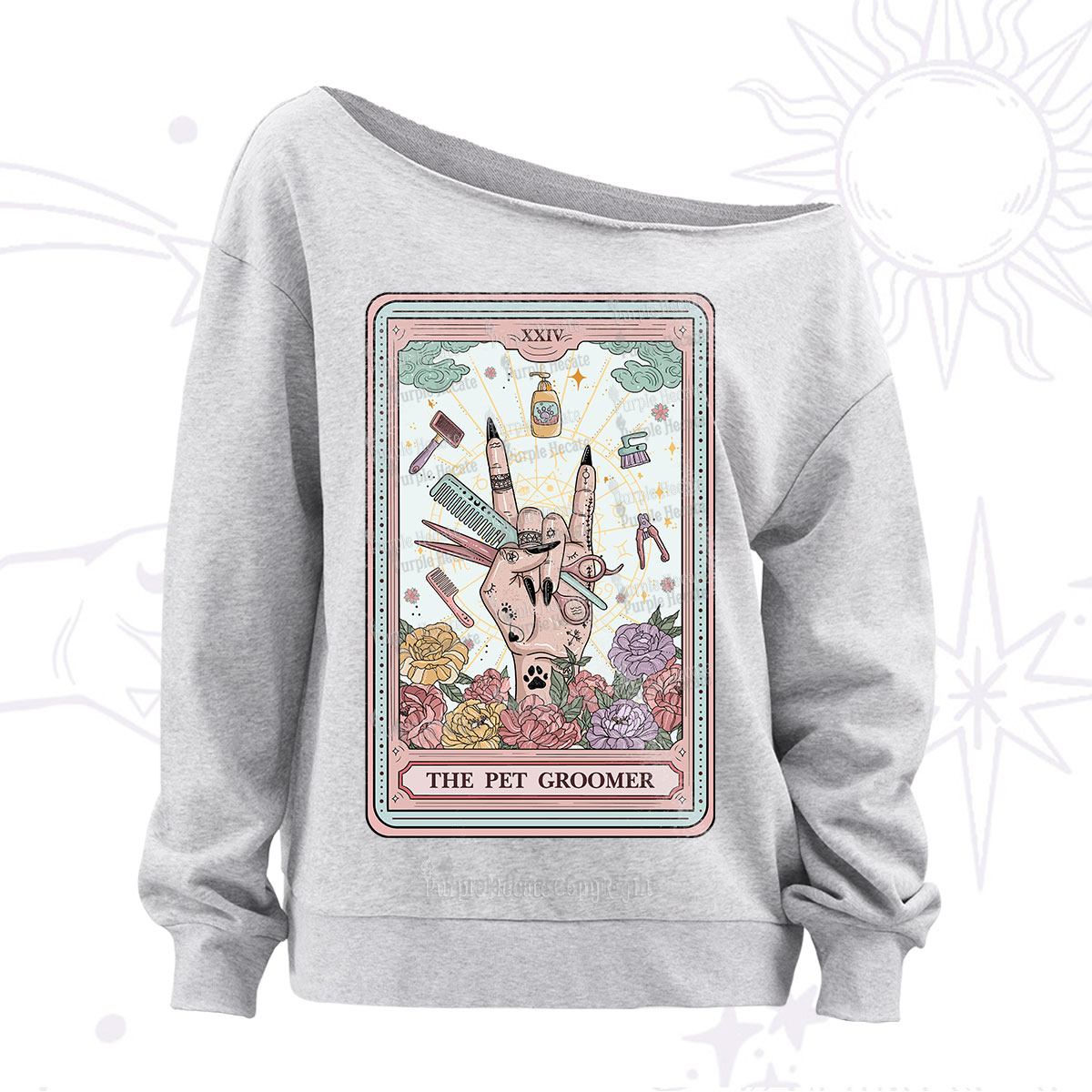 Purplehecate The Pet Groomer Tarot Card Off The Shoulder Sweatshirt