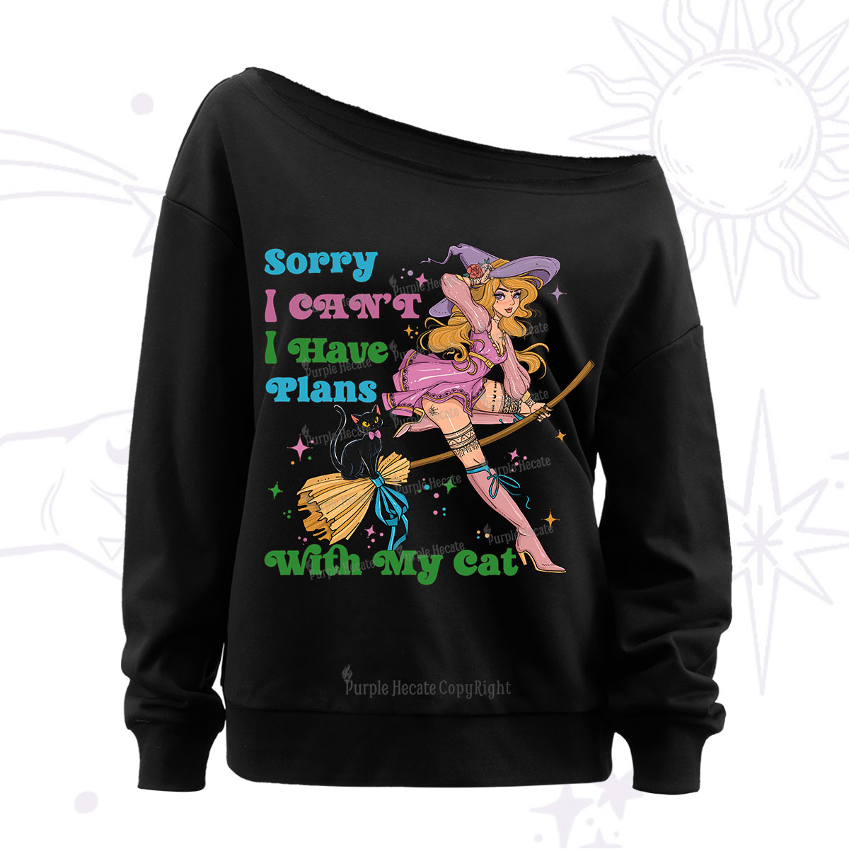 Purplehecate Sorry I Can’t I Have Plans With My Cat Off The Shoulder Sweatshirt