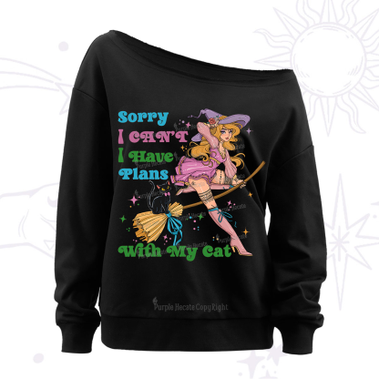 Purplehecate Sorry I Can’t I Have Plans With My Cat Off The Shoulder Sweatshirt
