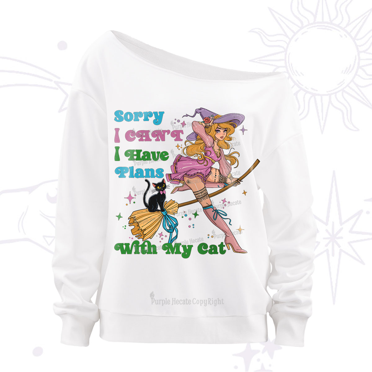 Purplehecate Sorry I Can’t I Have Plans With My Cat Off The Shoulder Sweatshirt