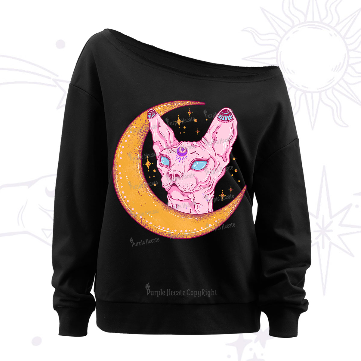 Purplehecate Mystical Witchy Cat Off The Shoulder Sweatshirt