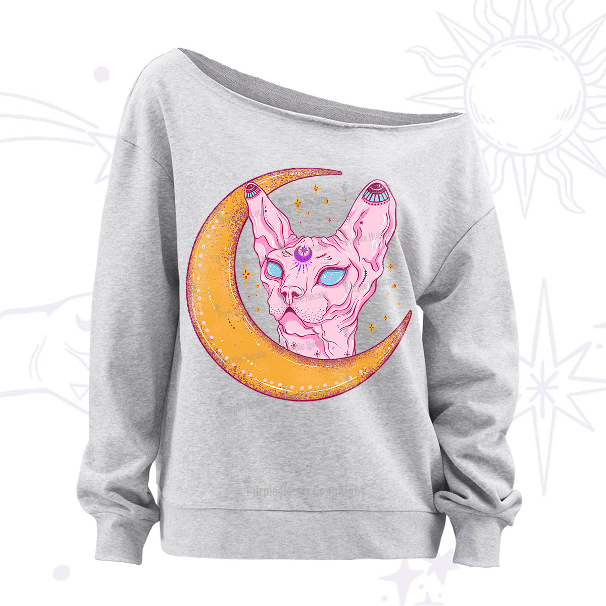 Purplehecate Mystical Witchy Cat Off The Shoulder Sweatshirt