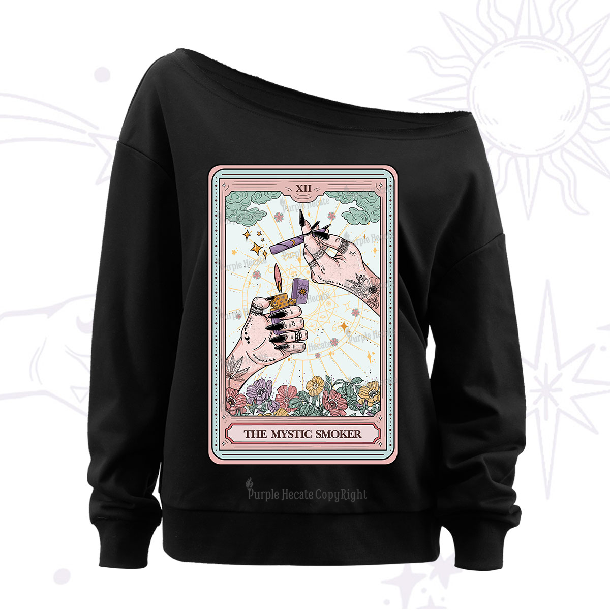 Purplehecate The Mystic Smoker Tarot Card Off The Shoulder Sweatshirt