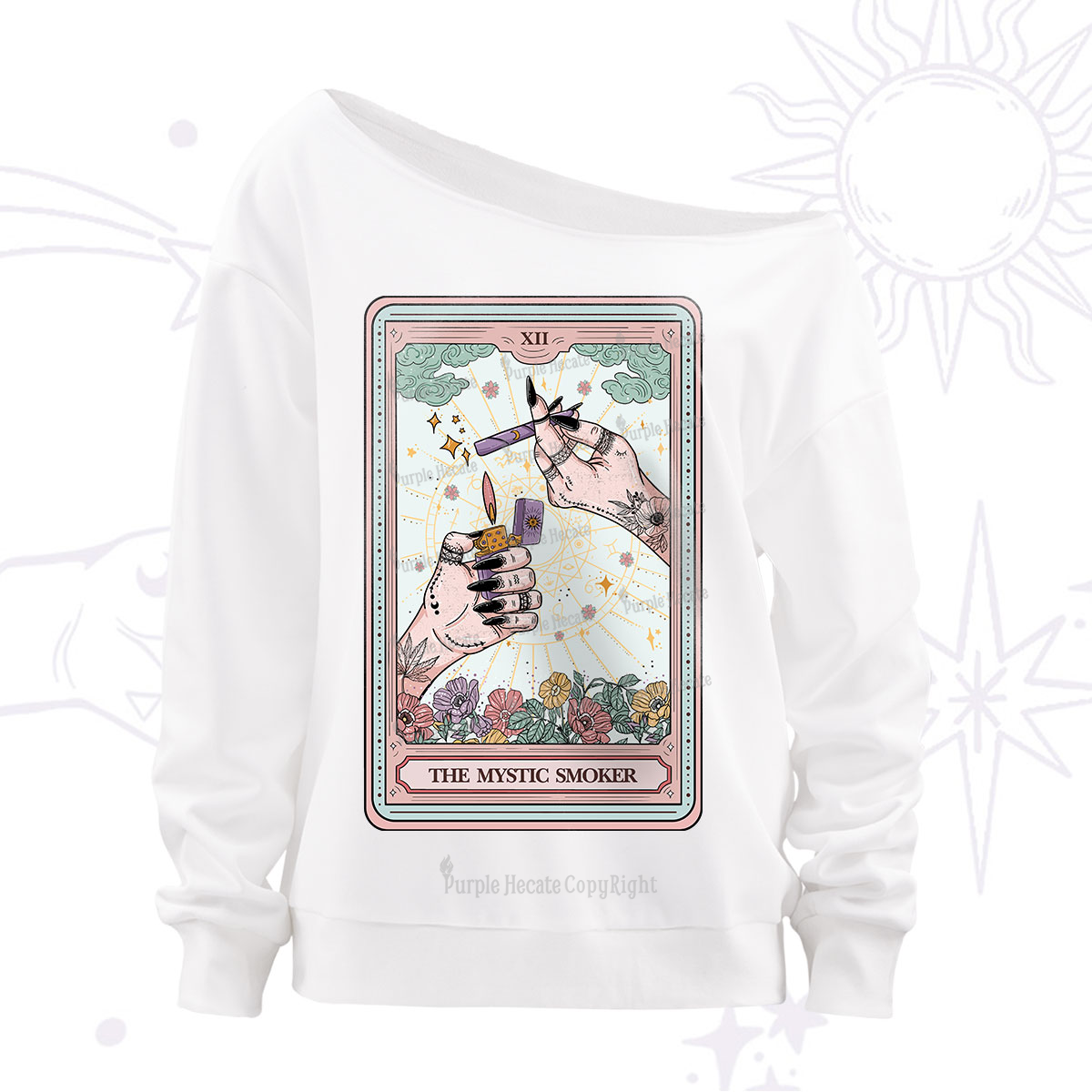 Purplehecate The Mystic Smoker Tarot Card Off The Shoulder Sweatshirt