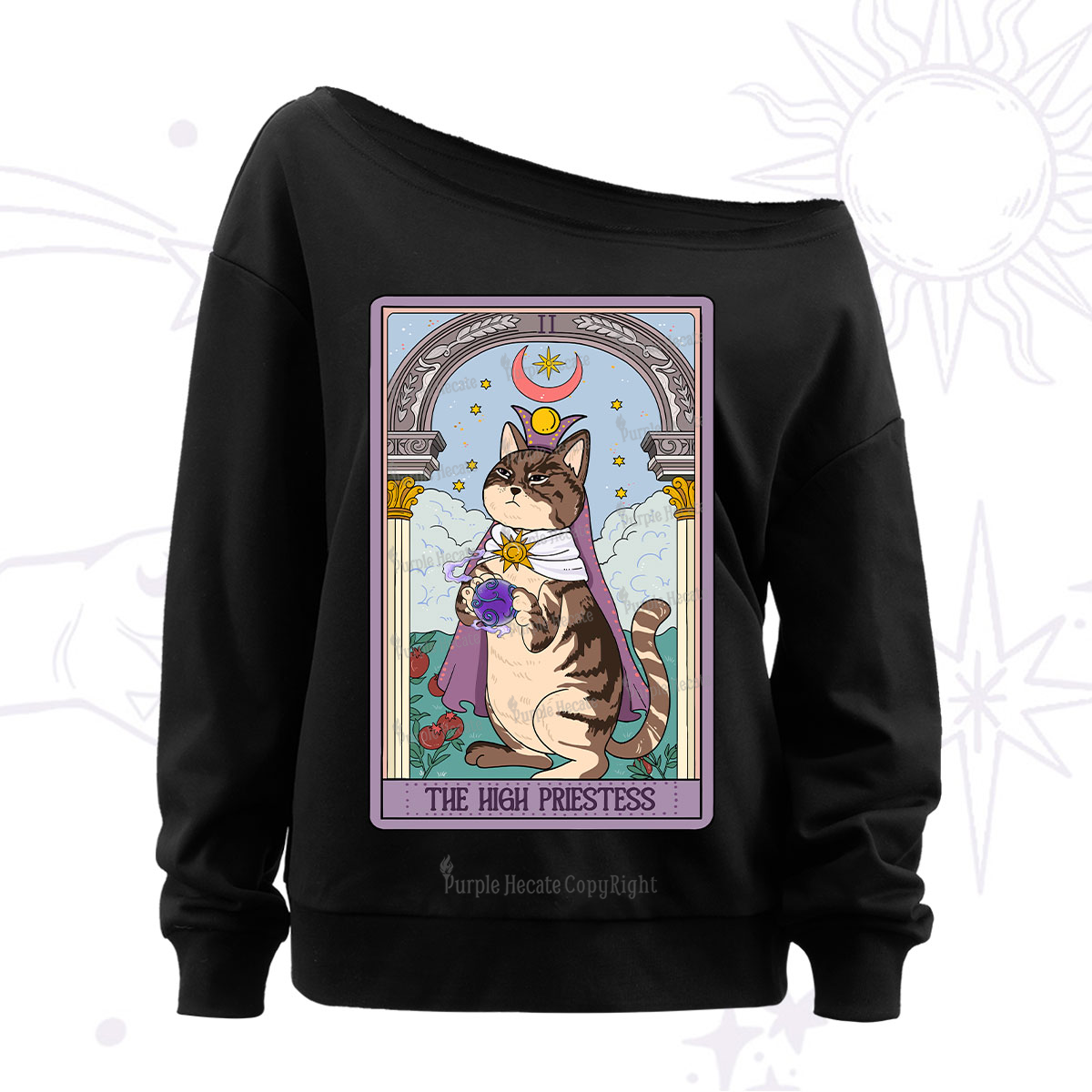 Purplehecate The High Priestess Cat Tarot Off The Shoulder Sweatshirt