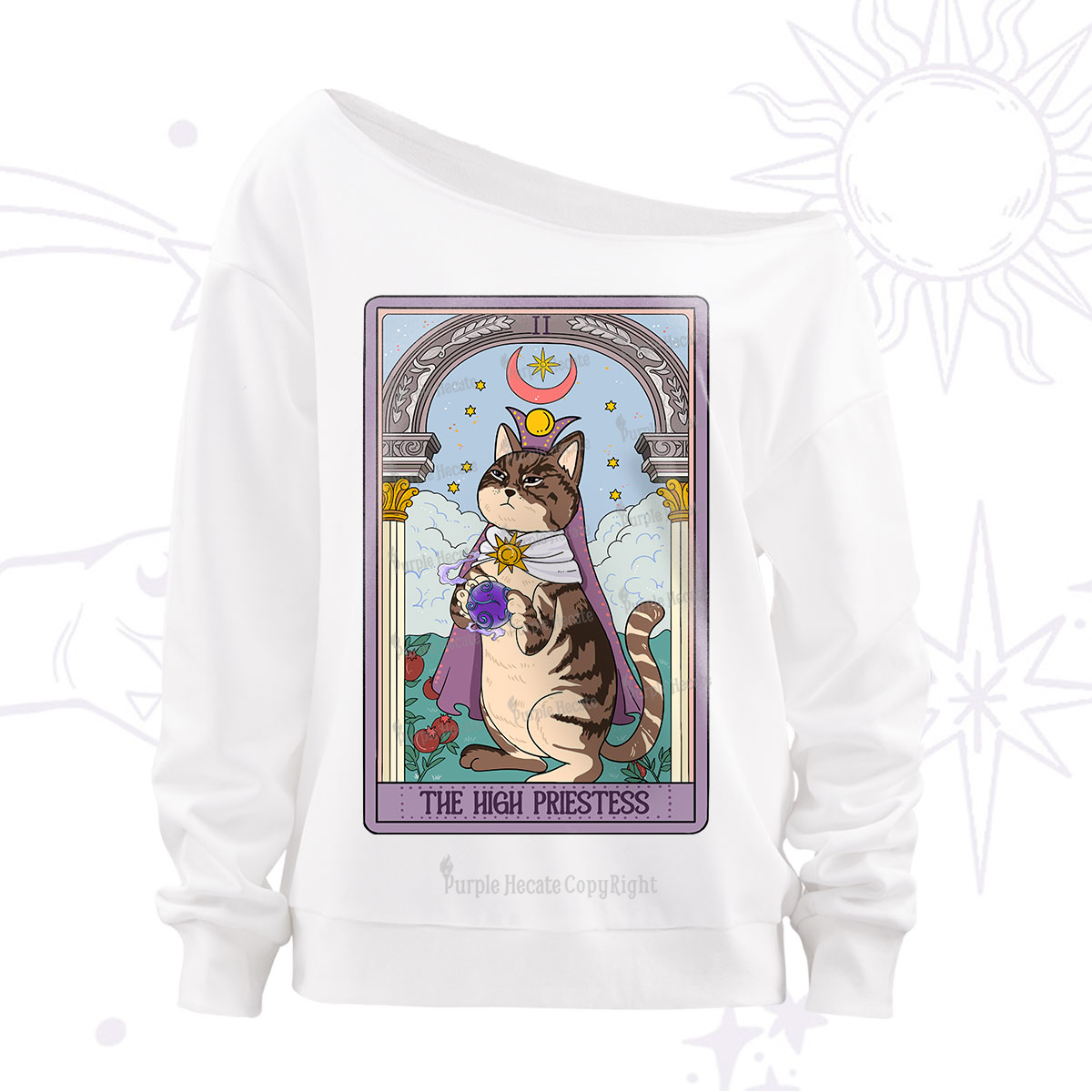 Purplehecate The High Priestess Cat Tarot Off The Shoulder Sweatshirt