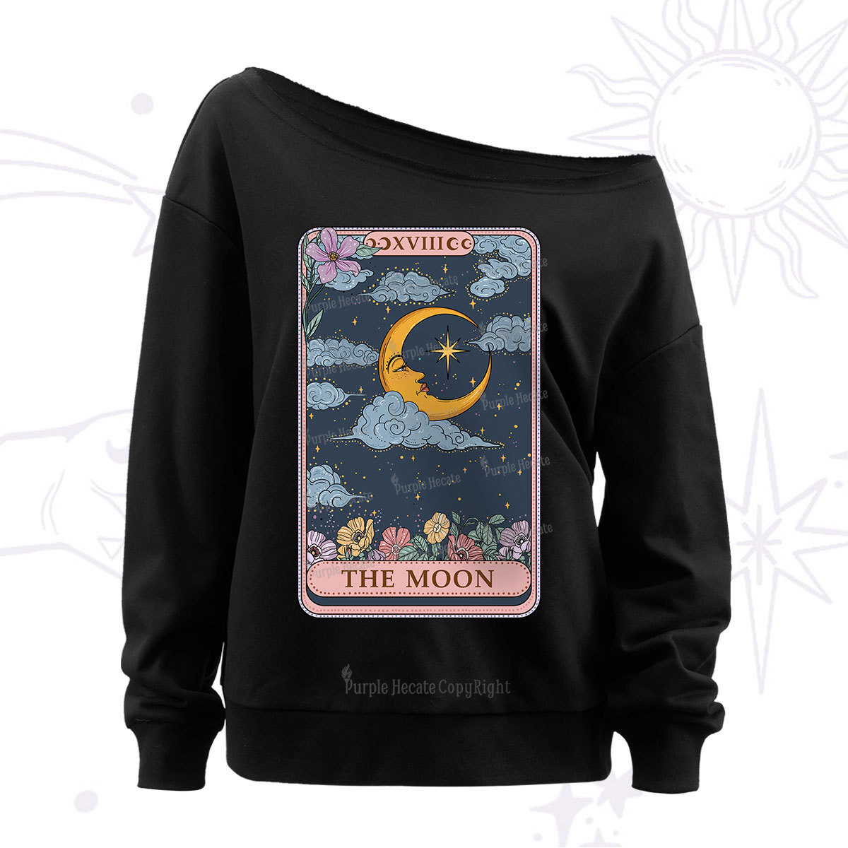Purplehecate The Moon Tarot Card Off The Shoulder Sweatshirt