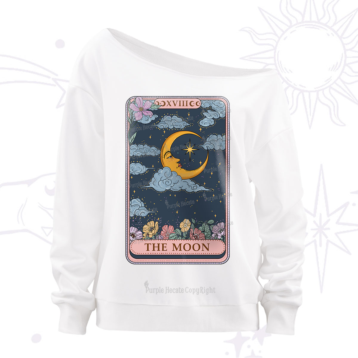 Purplehecate The Moon Tarot Card Off The Shoulder Sweatshirt