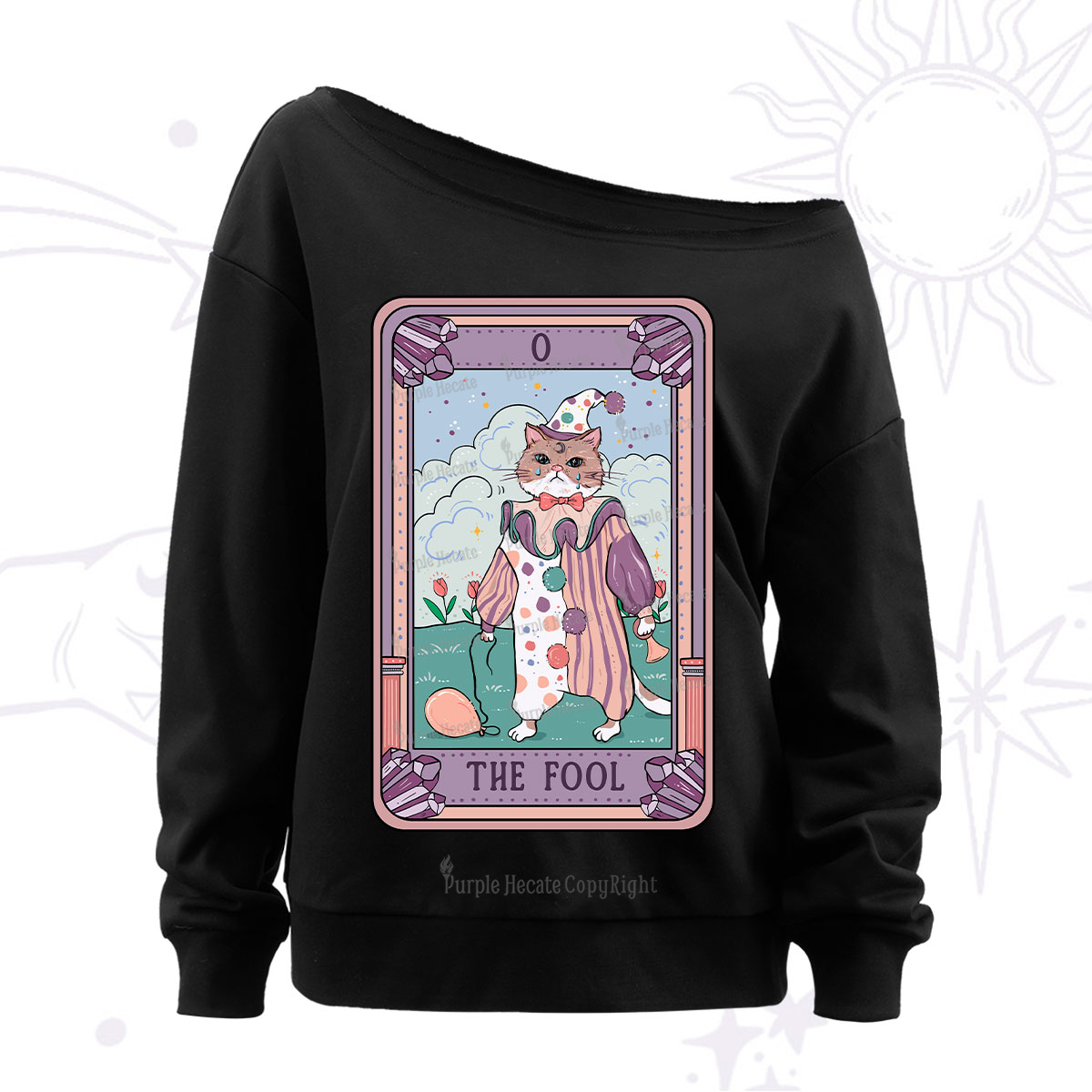 Purplehecate The Fool Cat Tarot Off The Shoulder Sweatshirt