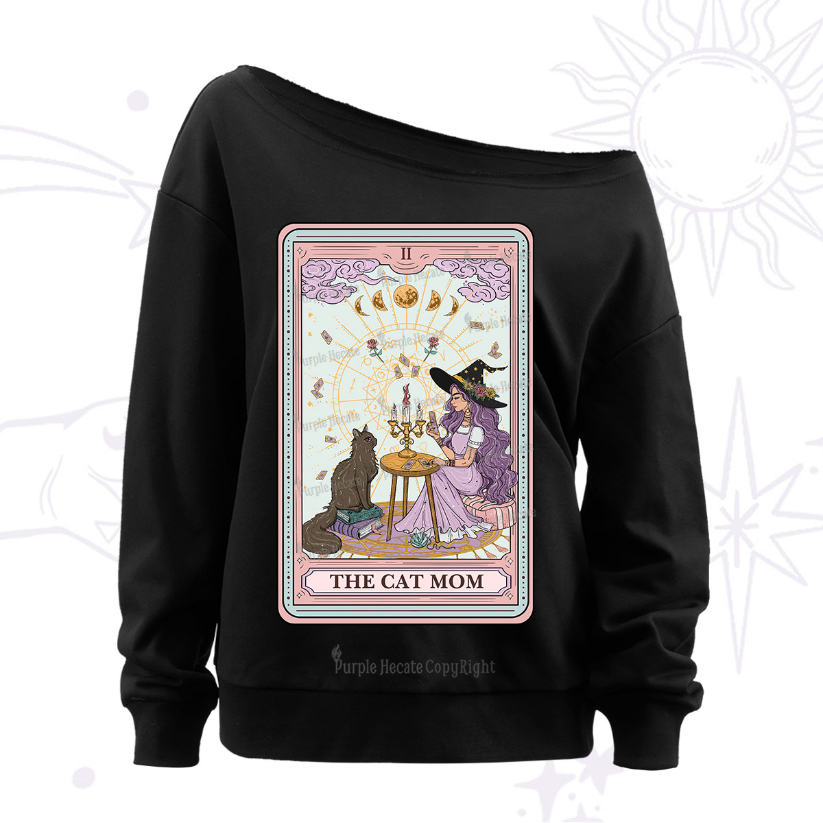 Purplehecate The Cat Witch Mom Tarot Off The Shoulder Sweatshirt