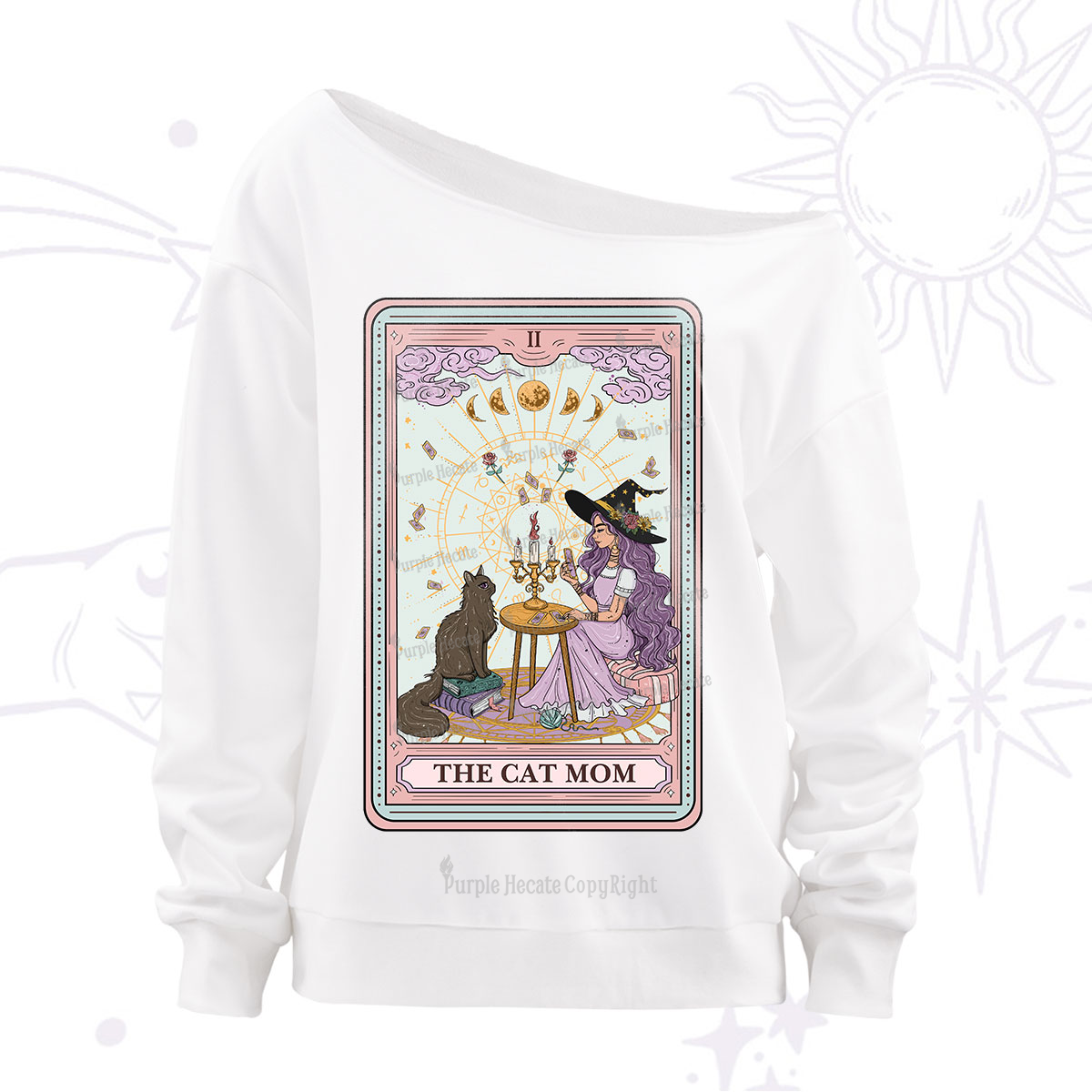 Purplehecate The Cat Witch Mom Tarot Off The Shoulder Sweatshirt