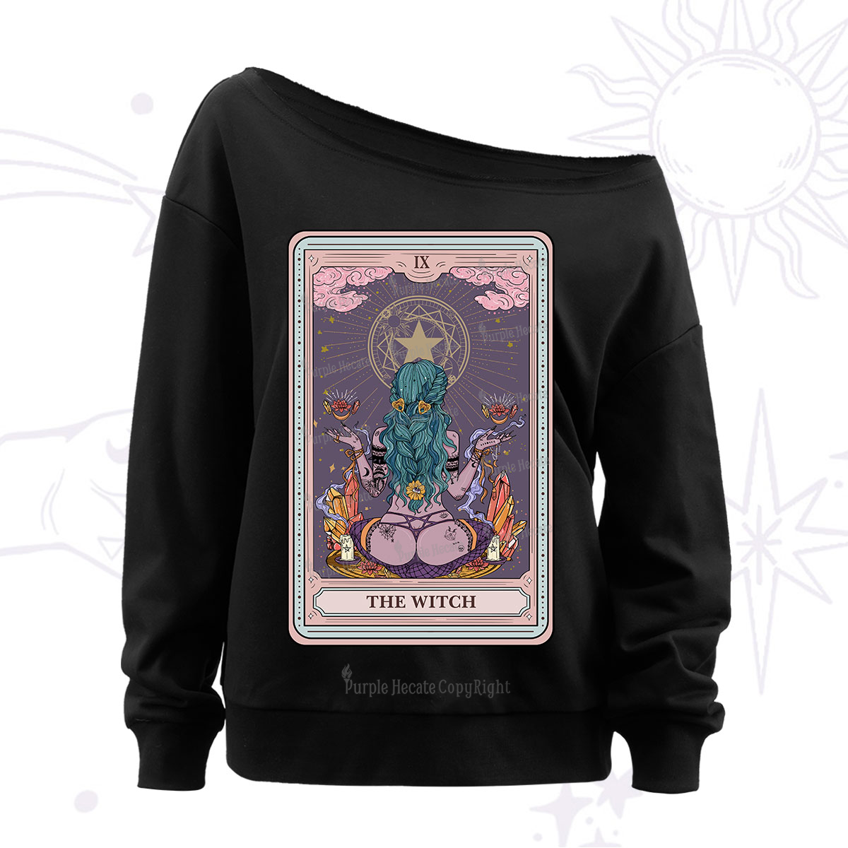 Purplehecate The Witch Tarot Card Off The Shoulder Sweatshirt