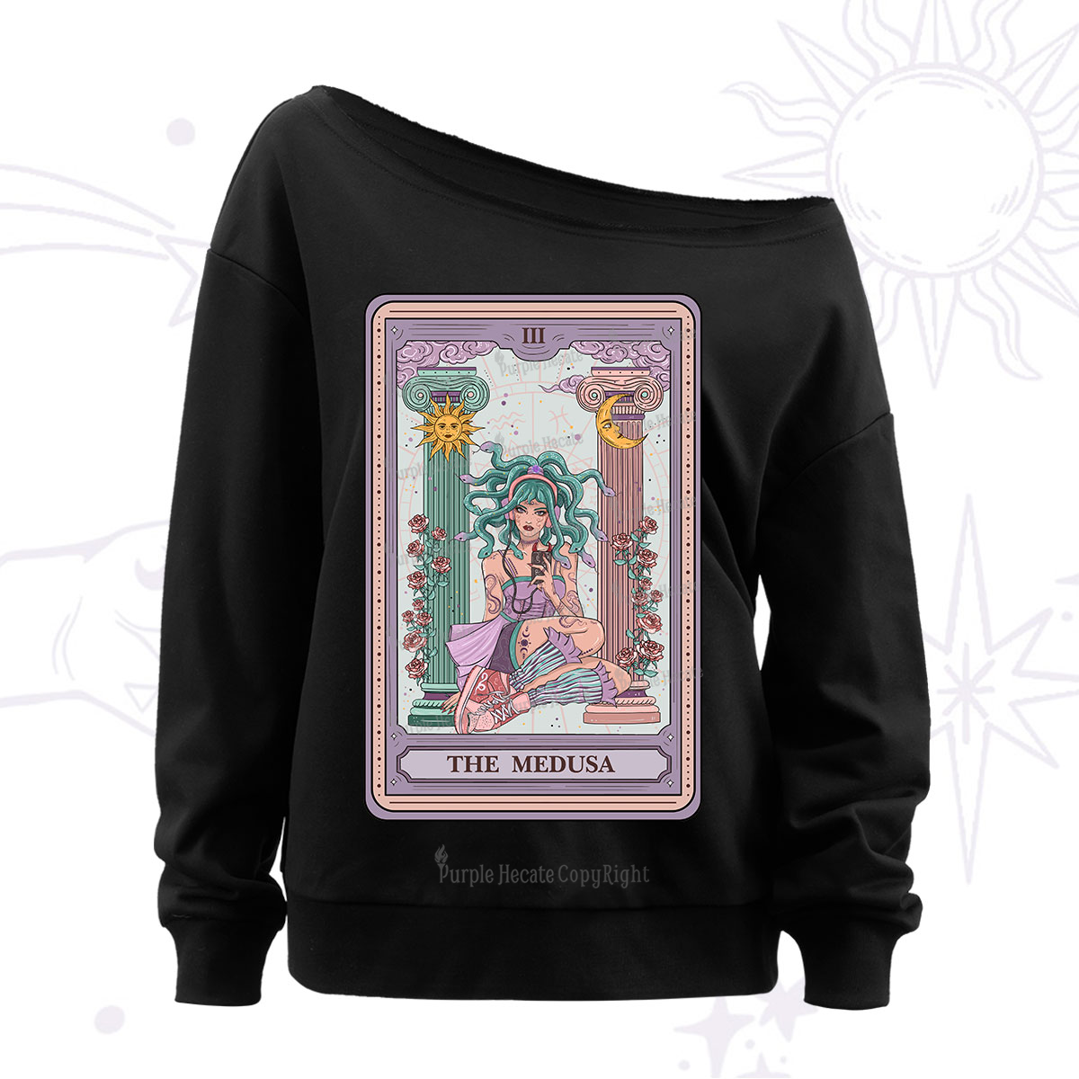 Purplehecate The Fashionable Medusa Tarot Card Off The Shoulder Sweatshirt