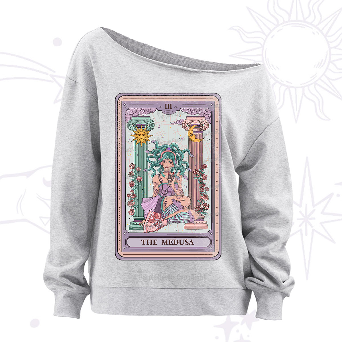 Purplehecate The Fashionable Medusa Tarot Card Off The Shoulder Sweatshirt