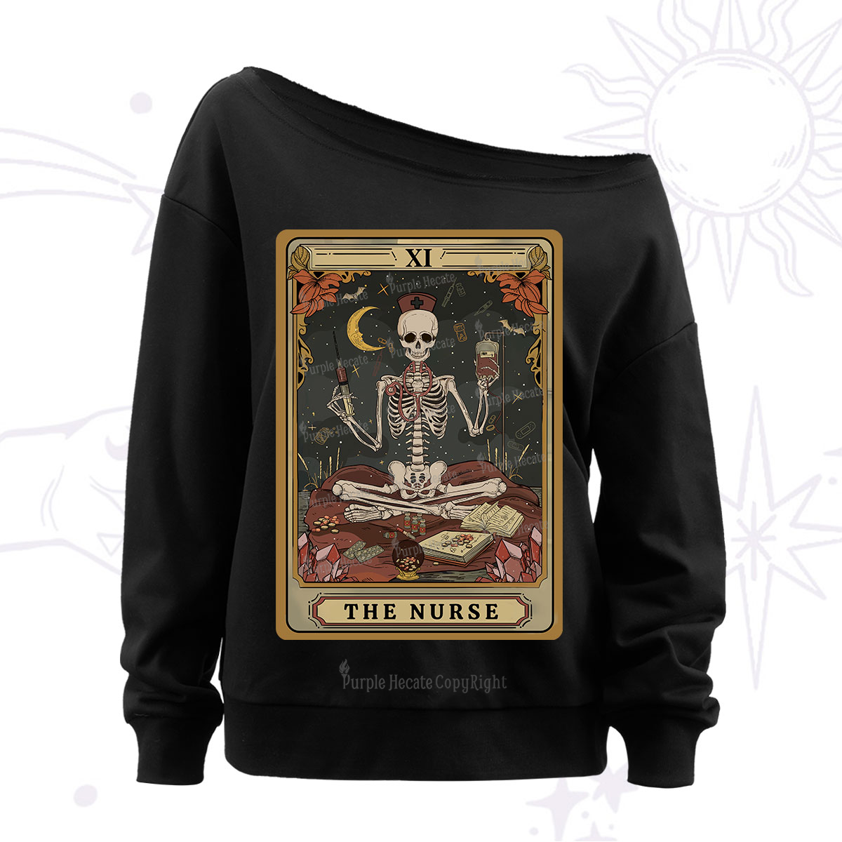 Purplehecate The Nurse Skeleton Tarot Off The Shoulder Sweatshirt
