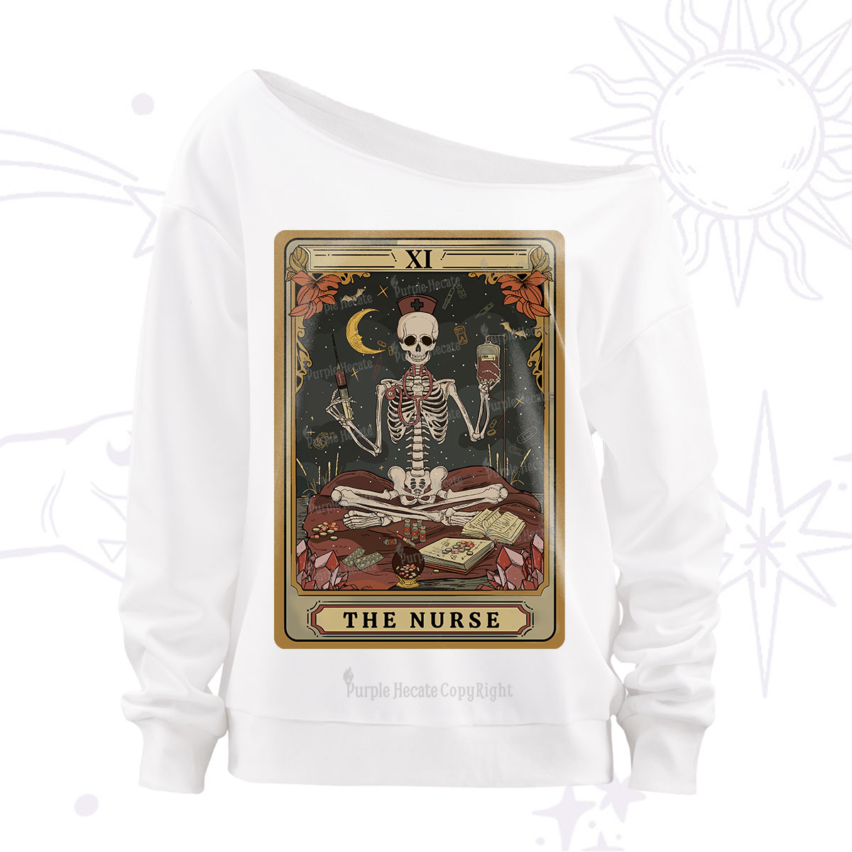 Purplehecate The Nurse Skeleton Tarot Off The Shoulder Sweatshirt