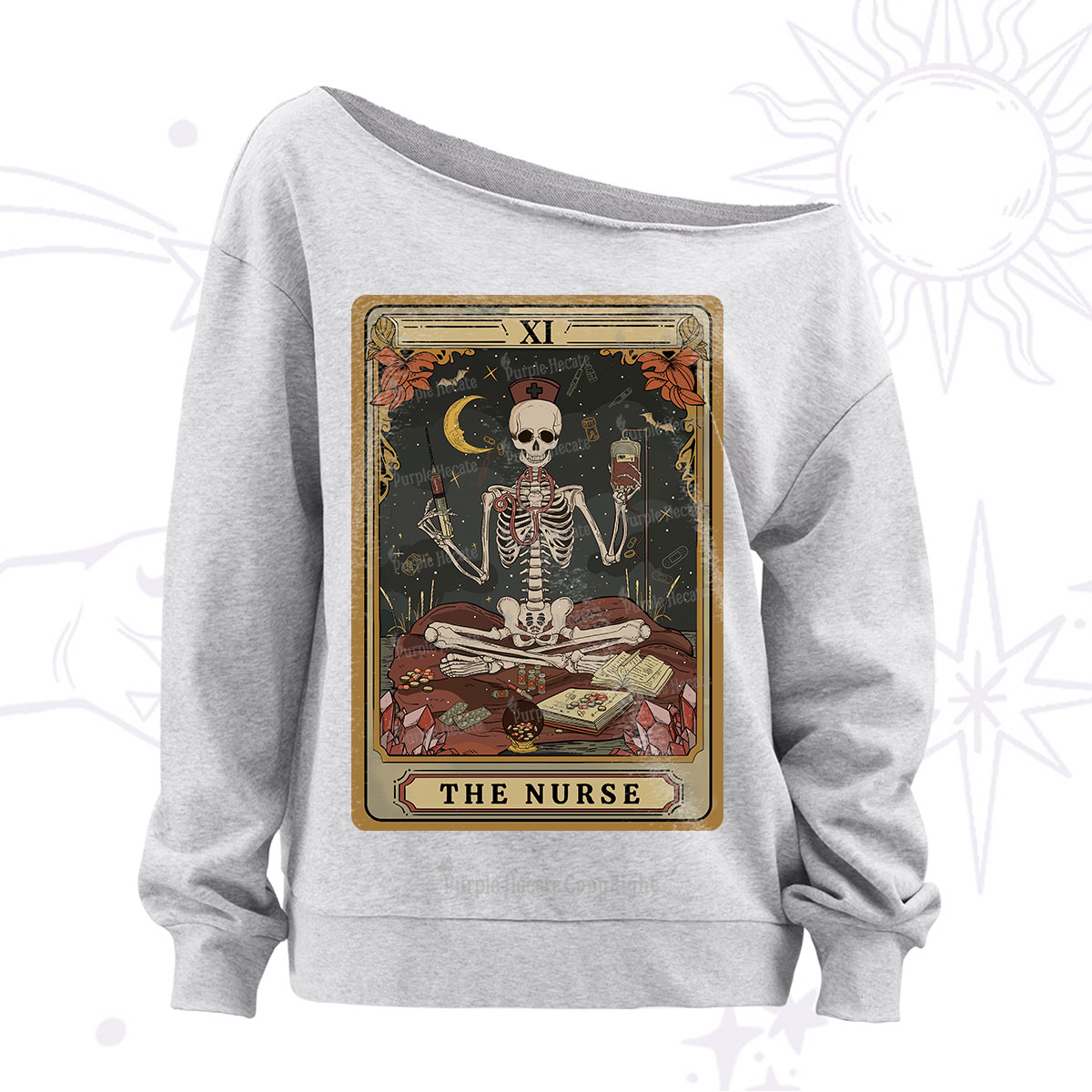 Purplehecate The Nurse Skeleton Tarot Off The Shoulder Sweatshirt