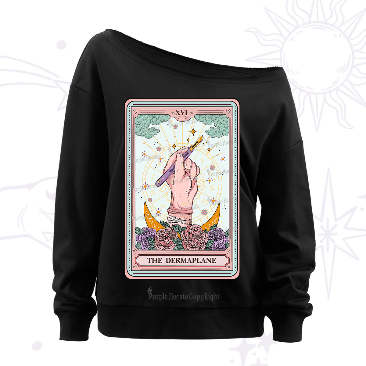 Purplehecate The Dermaplane Tarot Card Off The Shoulder Sweatshirt