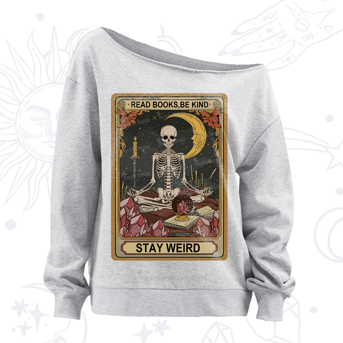 Purplehecate The Read Books Be Kind Stay Weird Oracle Card Off The Shoulder Sweatshirt