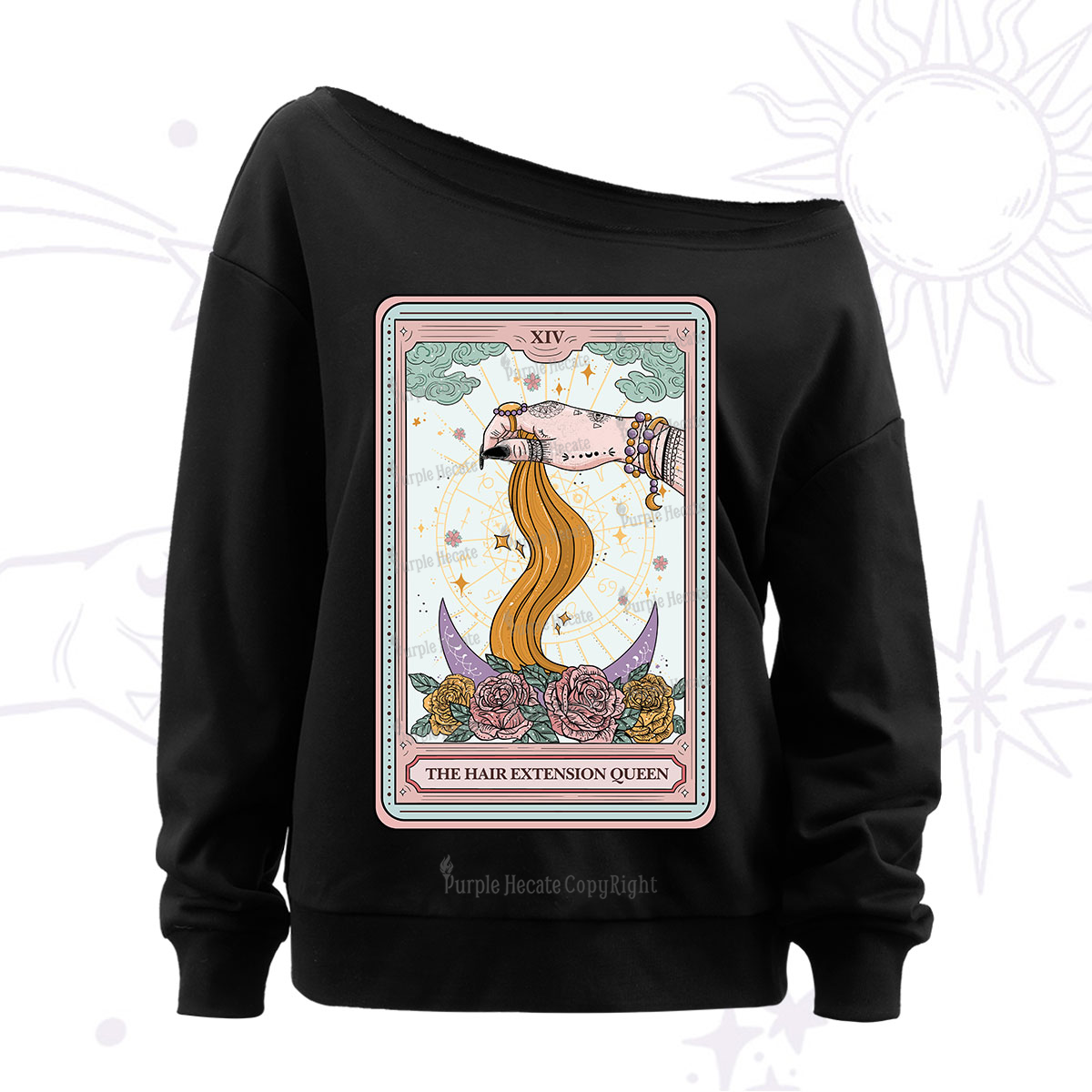 Purplehecate The Hair Extension Queen Tarot Off The Shoulder Sweatshirt