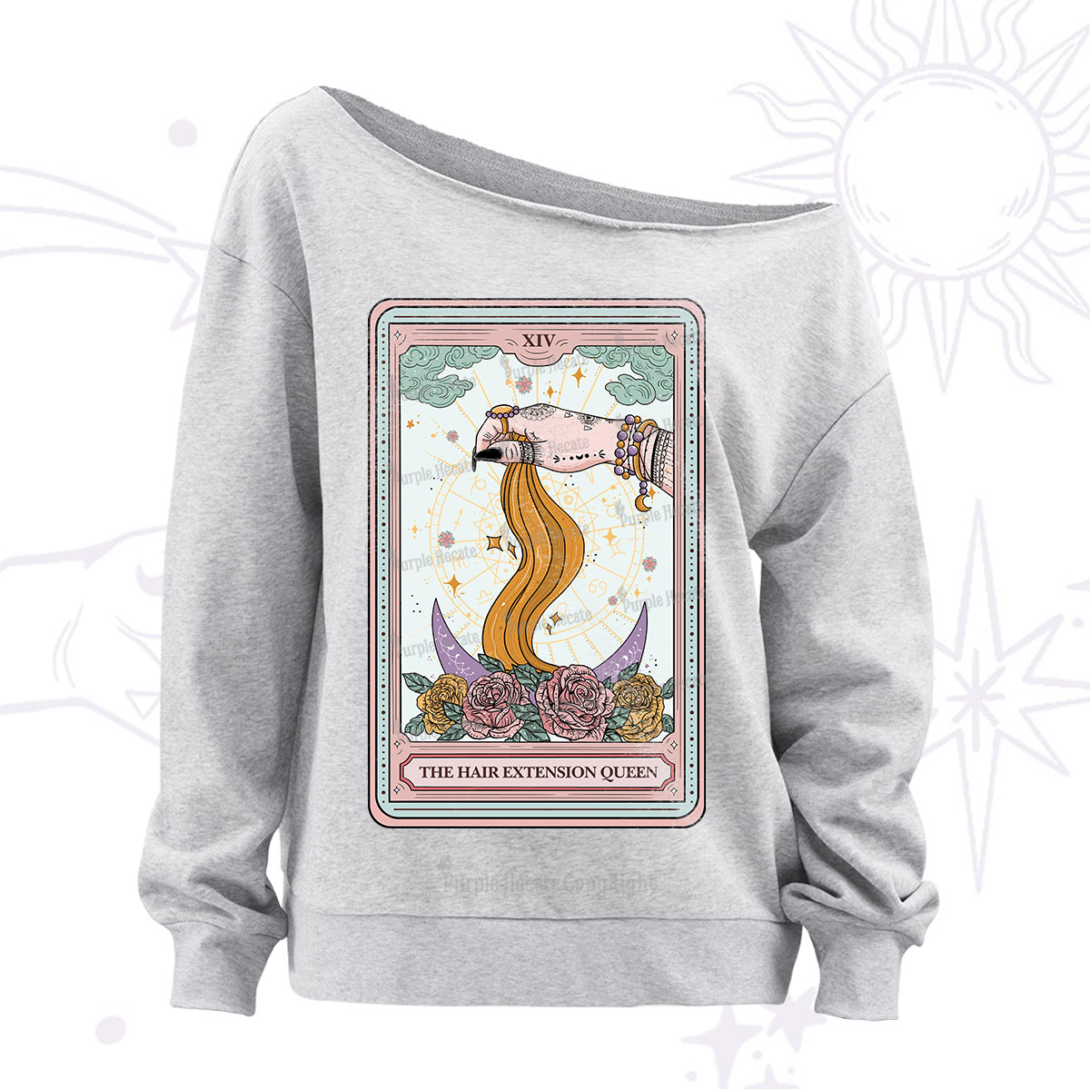 Purplehecate The Hair Extension Queen Tarot Off The Shoulder Sweatshirt