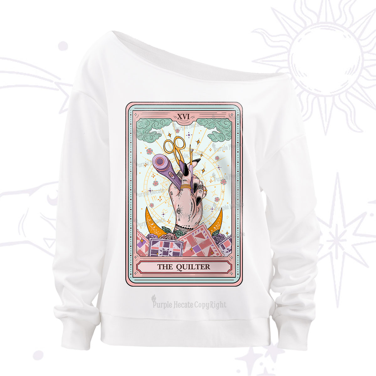 Purplehecate The Quilter Tarot Card Off The Shoulder Sweatshirt