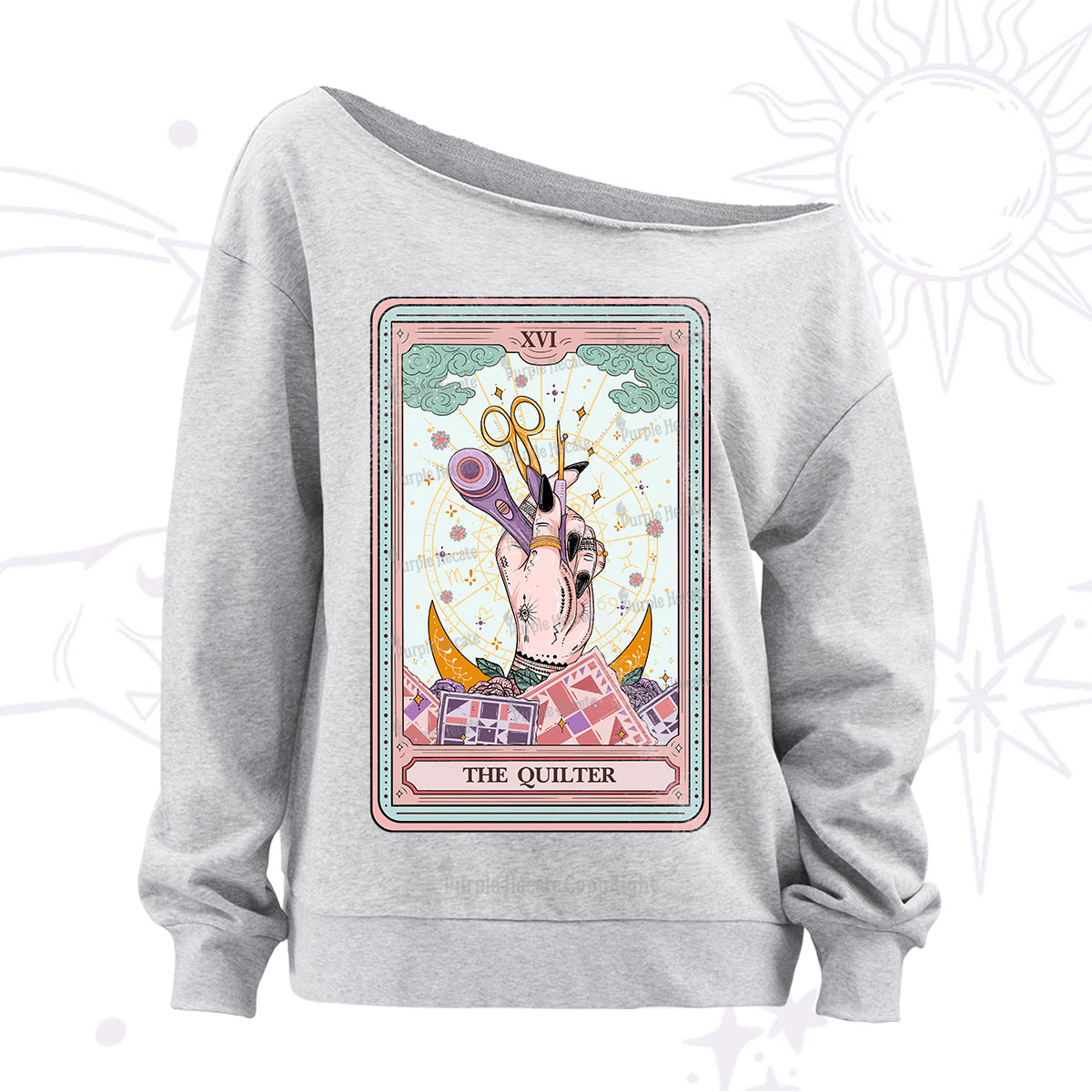 Purplehecate The Quilter Tarot Card Off The Shoulder Sweatshirt