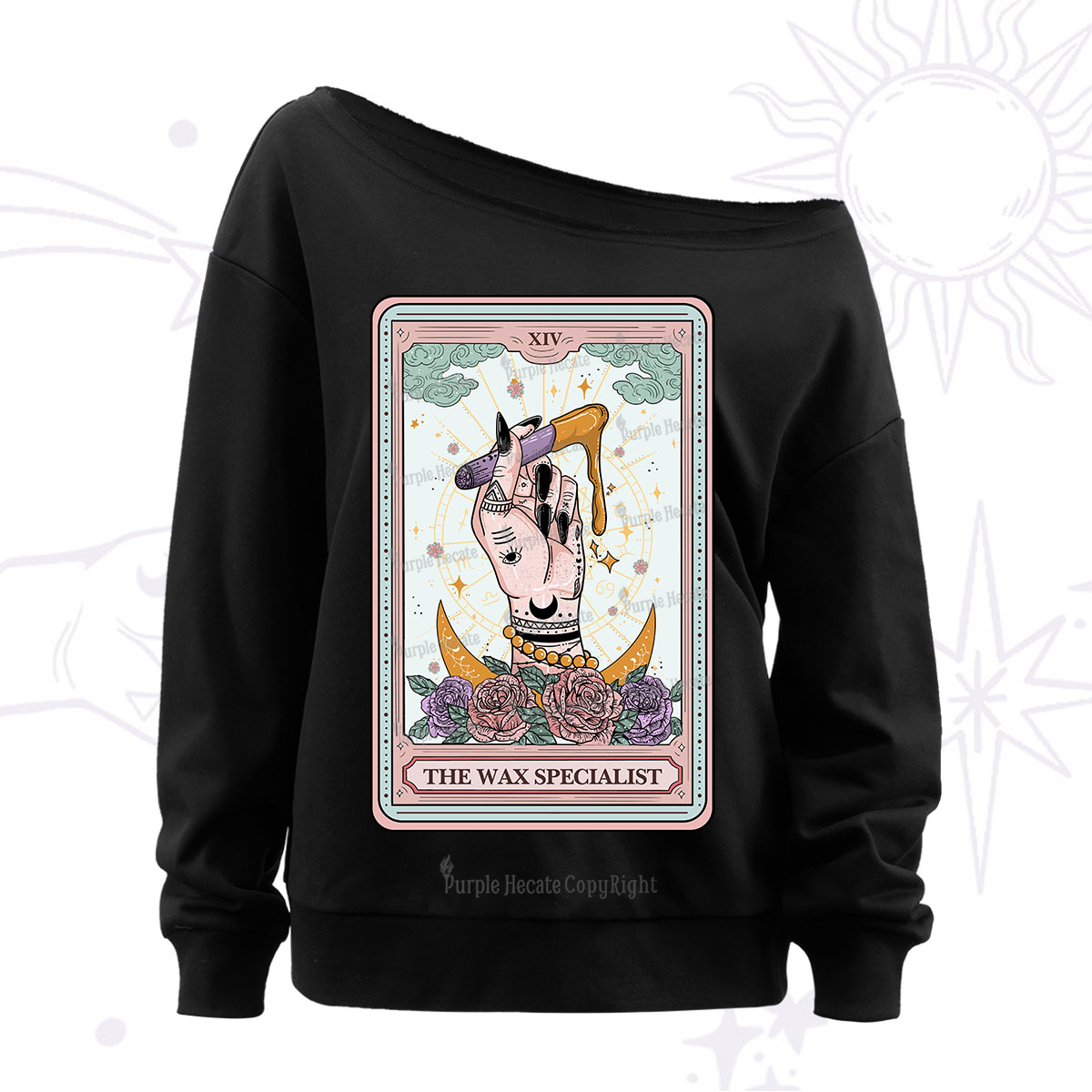Purplehecate The Wax Specialist Tarot Card Off The Shoulder Sweatshirt