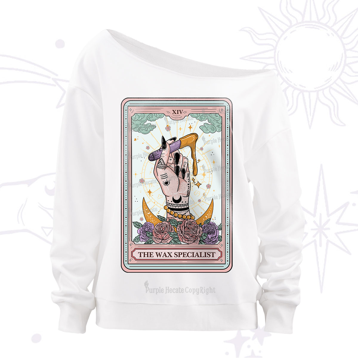 Purplehecate The Wax Specialist Tarot Card Off The Shoulder Sweatshirt