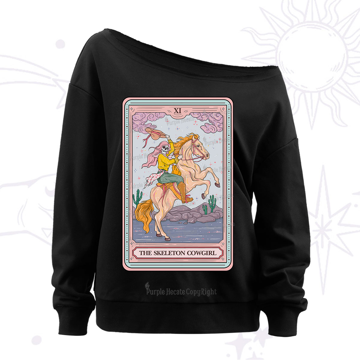 Purplehecate The Skeleton Cowgirl Tarot Off The Shoulder Sweatshirt