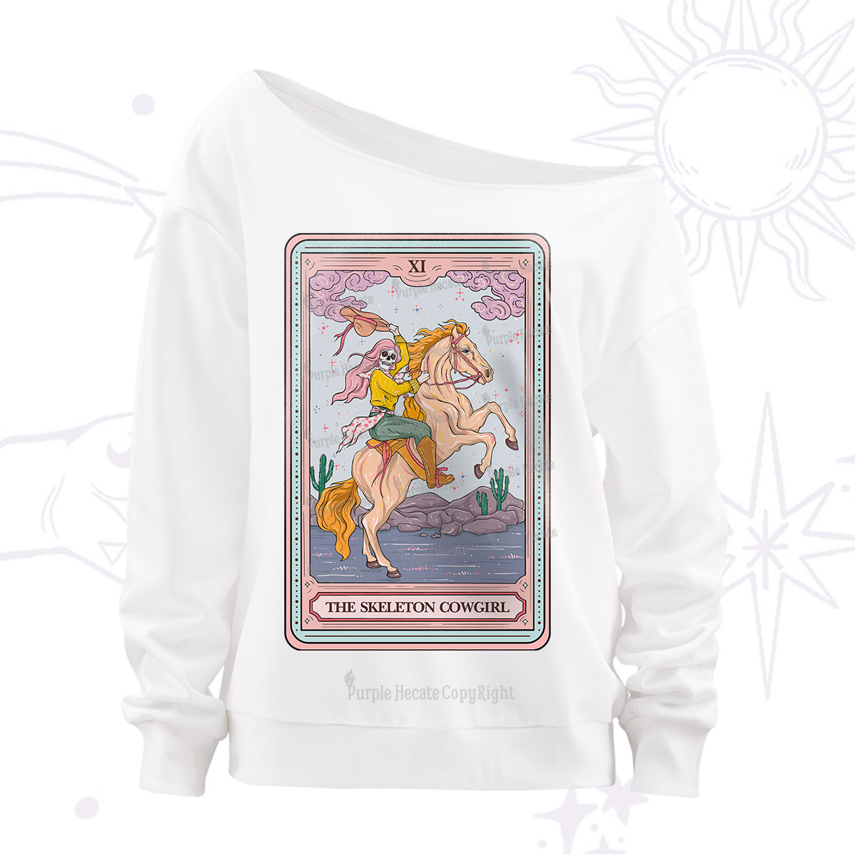 Purplehecate The Skeleton Cowgirl Tarot Off The Shoulder Sweatshirt