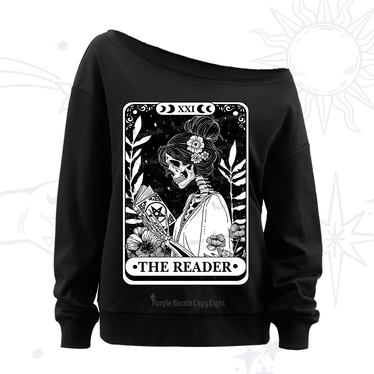 Purplehecate The Reader Skeleton Tarot Off The Shoulder Sweatshirt