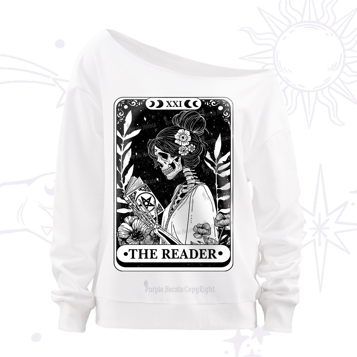 Purplehecate The Reader Skeleton Tarot Off The Shoulder Sweatshirt
